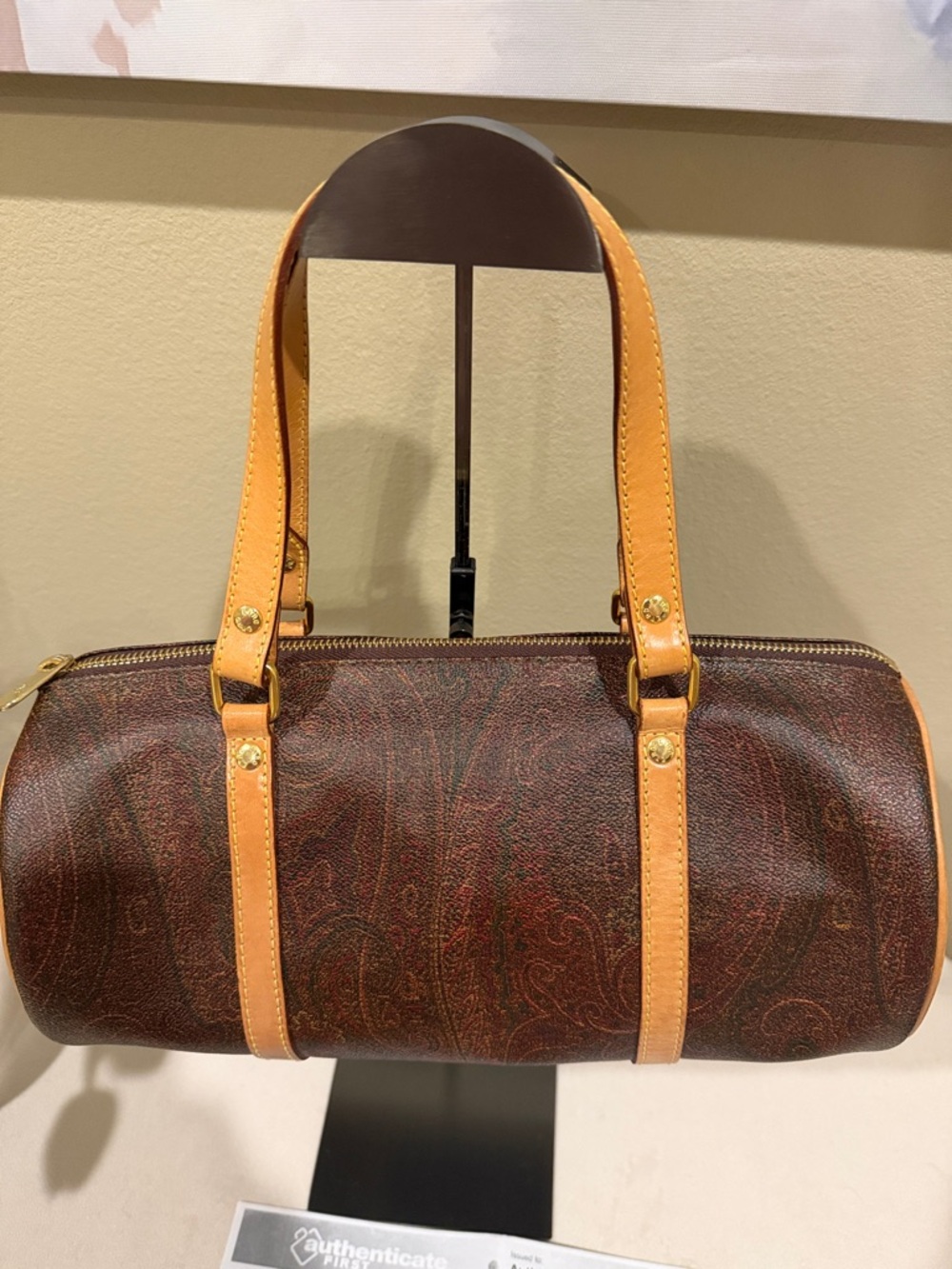 Etro Dark Brown Barrel Duffel with Tan Leather Trim with COA.